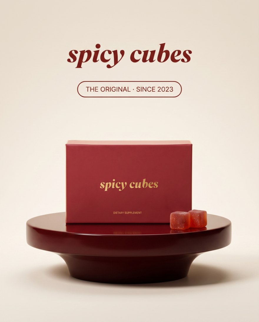 An authentic Spicy Cubes box on a lacquered oxblood pedestal, with the spicy cubes wordmark and the badge The Original since 2023 above it, two cubes resting beside the box